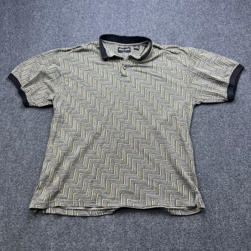 Pierre Cardin Vintage Retro Geometric Knit Black Tan Zig Zag Polo Shirt